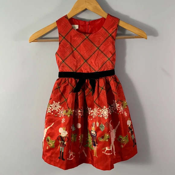 Bonnie Jean size 3t red sleeveless nutcracker dress taffeta black velvet bow - Picture 1 of 10